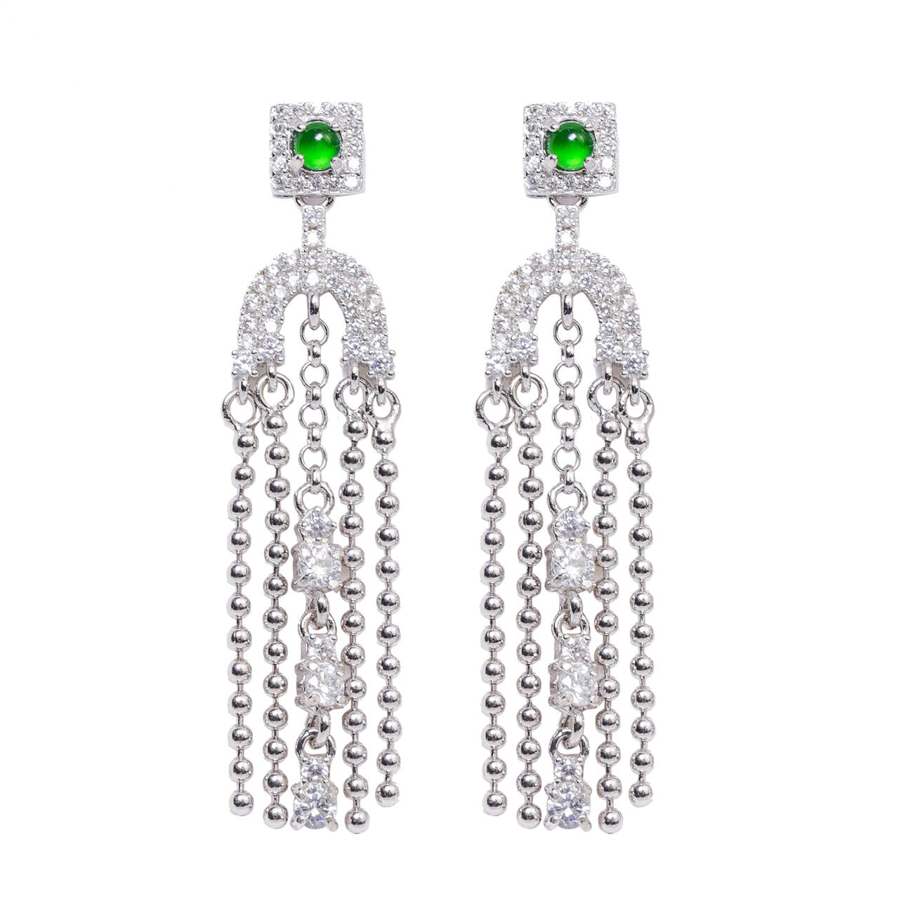 925 Silver Tassel Jadeite Earrings (Overall Dimensions: 43mm x 10mm x 4mm)