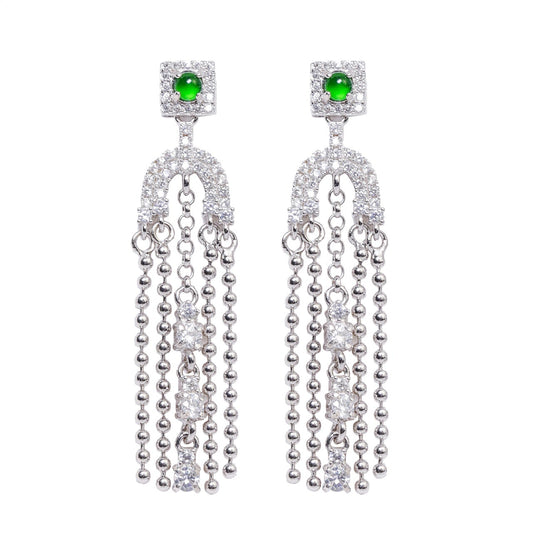 925 Silver Tassel Jadeite Earrings (Overall Dimensions: 43mm x 10mm x 4mm)