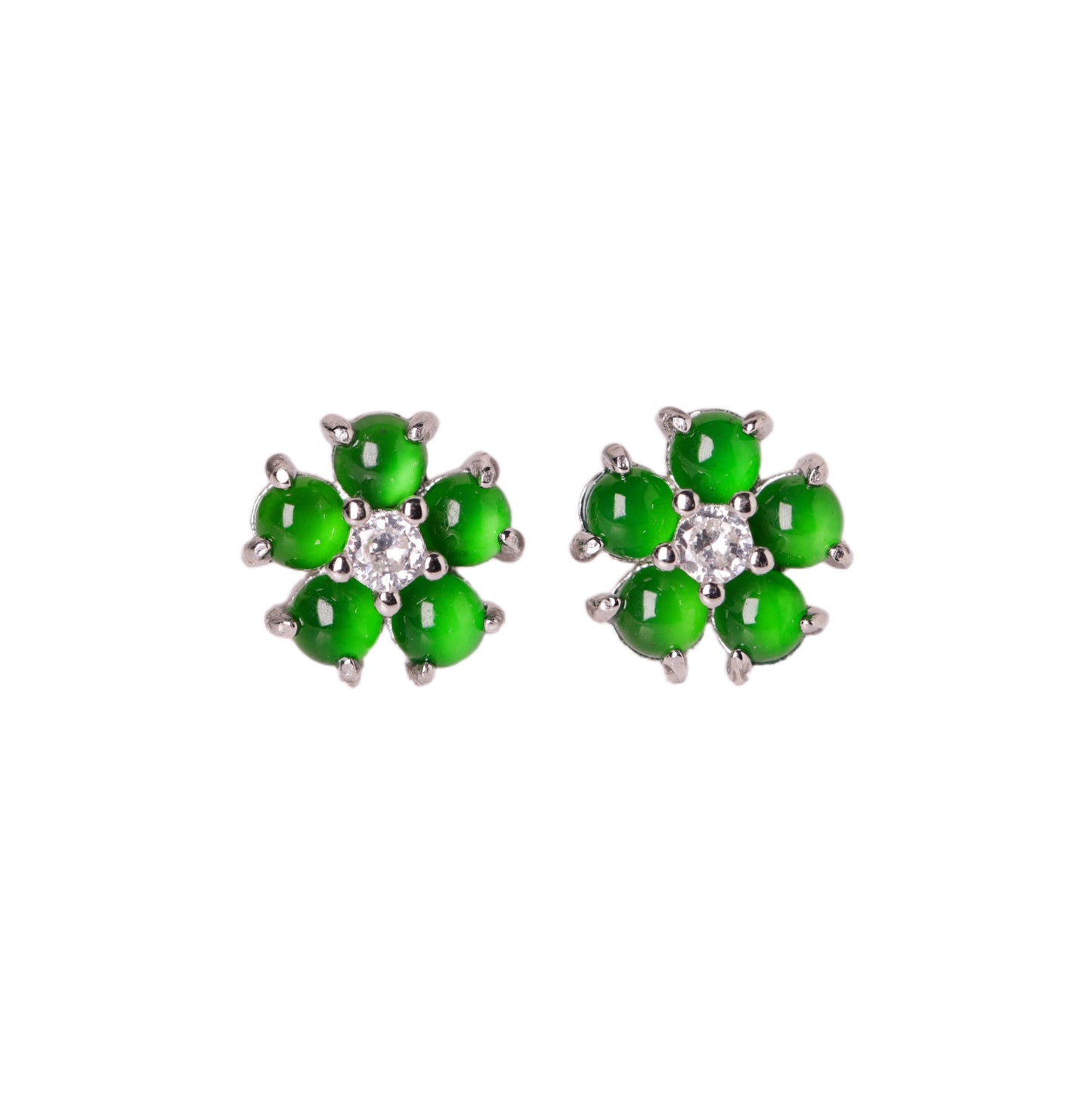 925 Silver Flower-Shaped Jadeite Earrings (Overall Dimensions: 9mm x 9mm x 3mm)