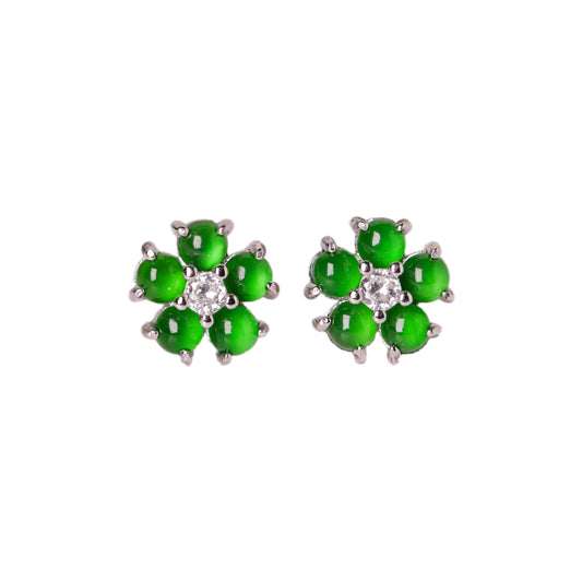 925 Silver Flower-Shaped Jadeite Earrings (Overall Dimensions: 9mm x 9mm x 3mm)