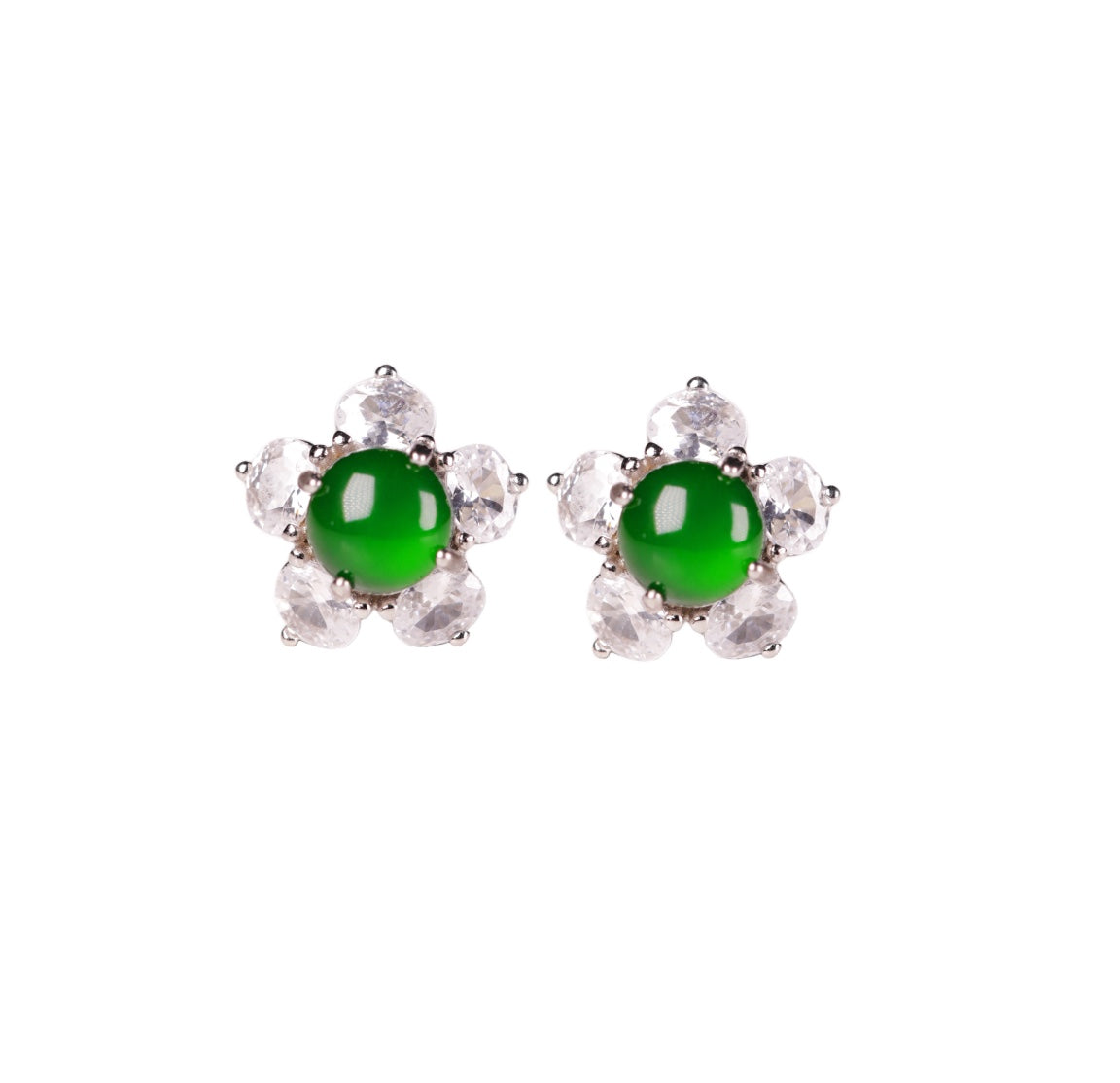 925 Silver Floral Jadeite Stud Earrings (Oval Cabochon) – Overall Dimensions: 11mm x 11mm x 6.8mm