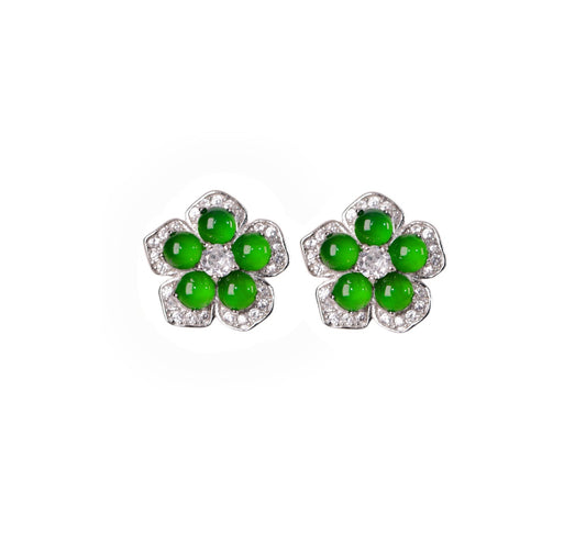 925 Silver and Jadeite Flower Stud Earrings (Overall Dimensions: 13mm x 13mm x 2.7mm)