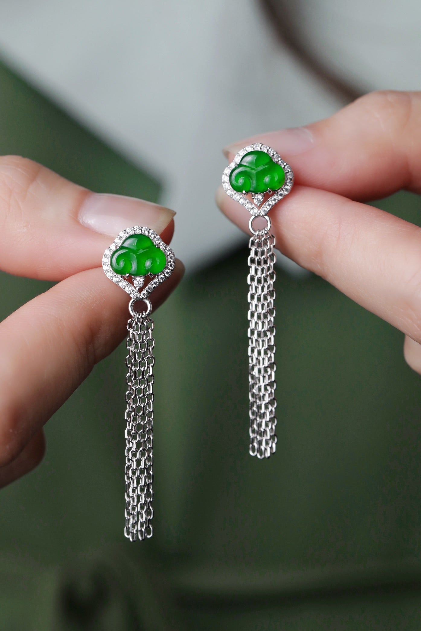 925 Silver Ruyi Tassel Jadeite Stud Earrings (Overall Dimensions: 47.7mm x 11.2mm x 5.1mm)