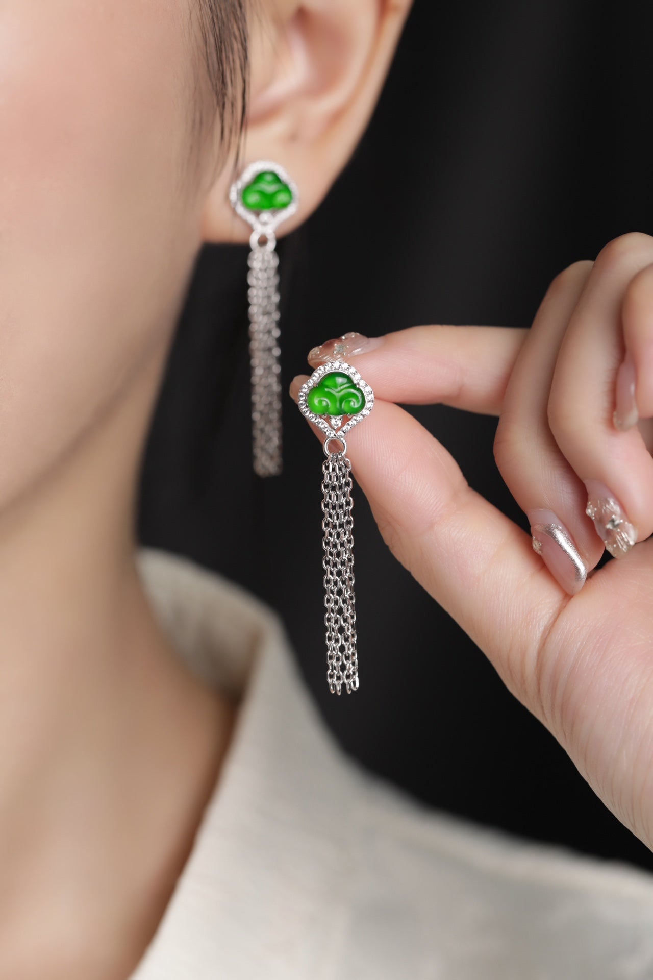 925 Silver Ruyi Tassel Jadeite Stud Earrings (Overall Dimensions: 47.7mm x 11.2mm x 5.1mm)