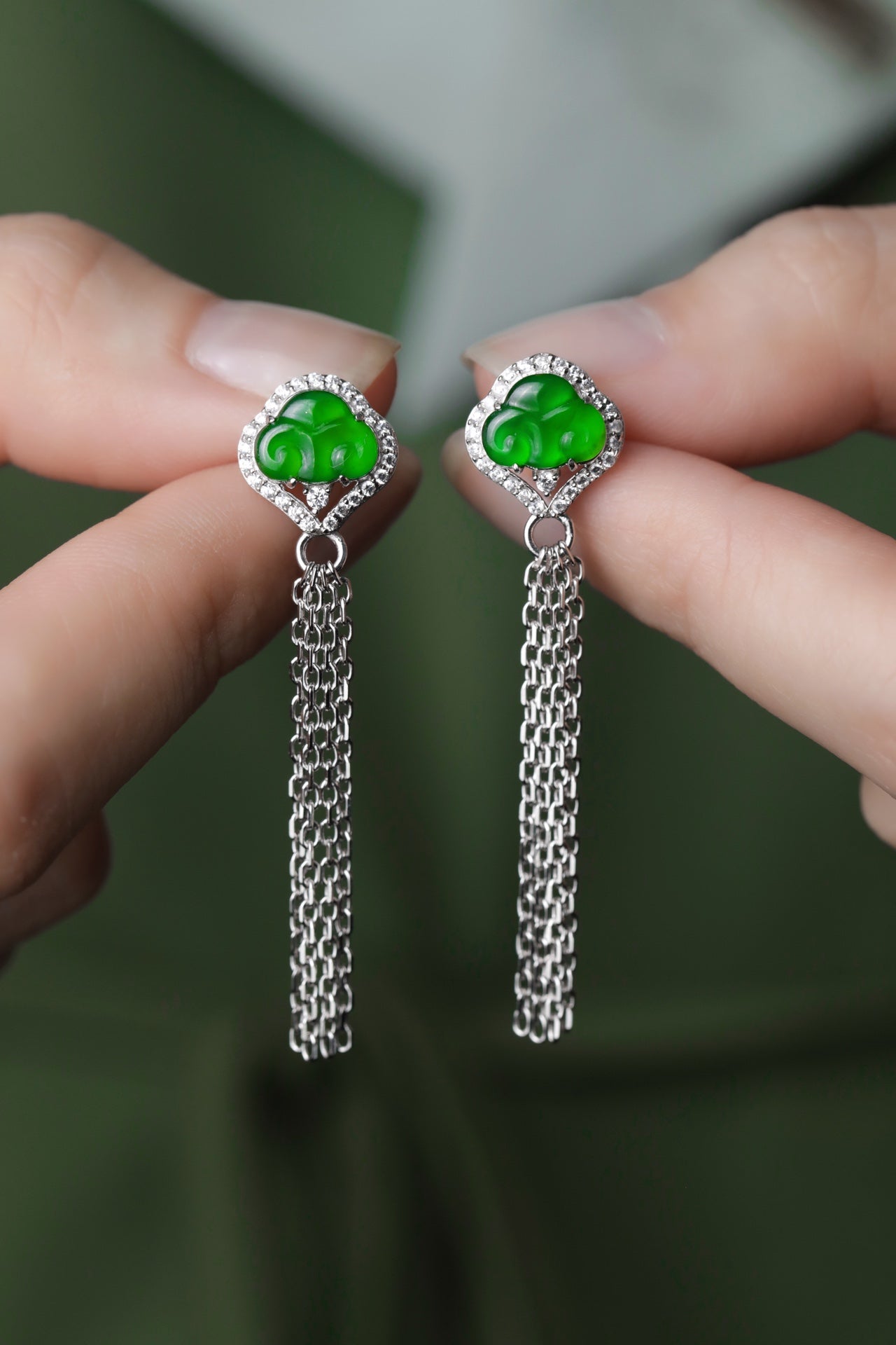 925 Silver Ruyi Tassel Jadeite Stud Earrings (Overall Dimensions: 47.7mm x 11.2mm x 5.1mm)
