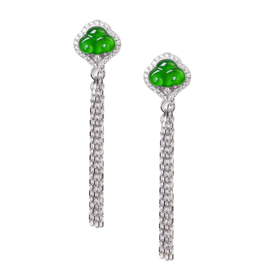 925 Silver Ruyi Tassel Jadeite Stud Earrings (Overall Dimensions: 47.7mm x 11.2mm x 5.1mm)
