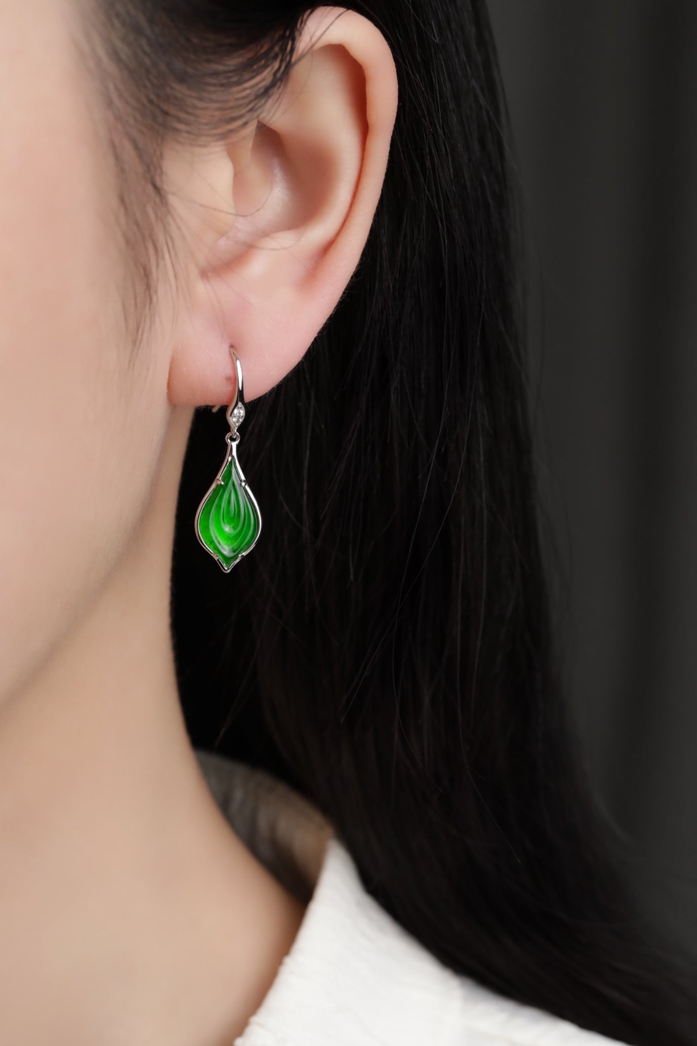 925 Silver Jadeite Stud Earrings ("Supreme Goodness is Like Water" Design) – Overall Dimensions: 30mm x 9.5mm x 3.5mm