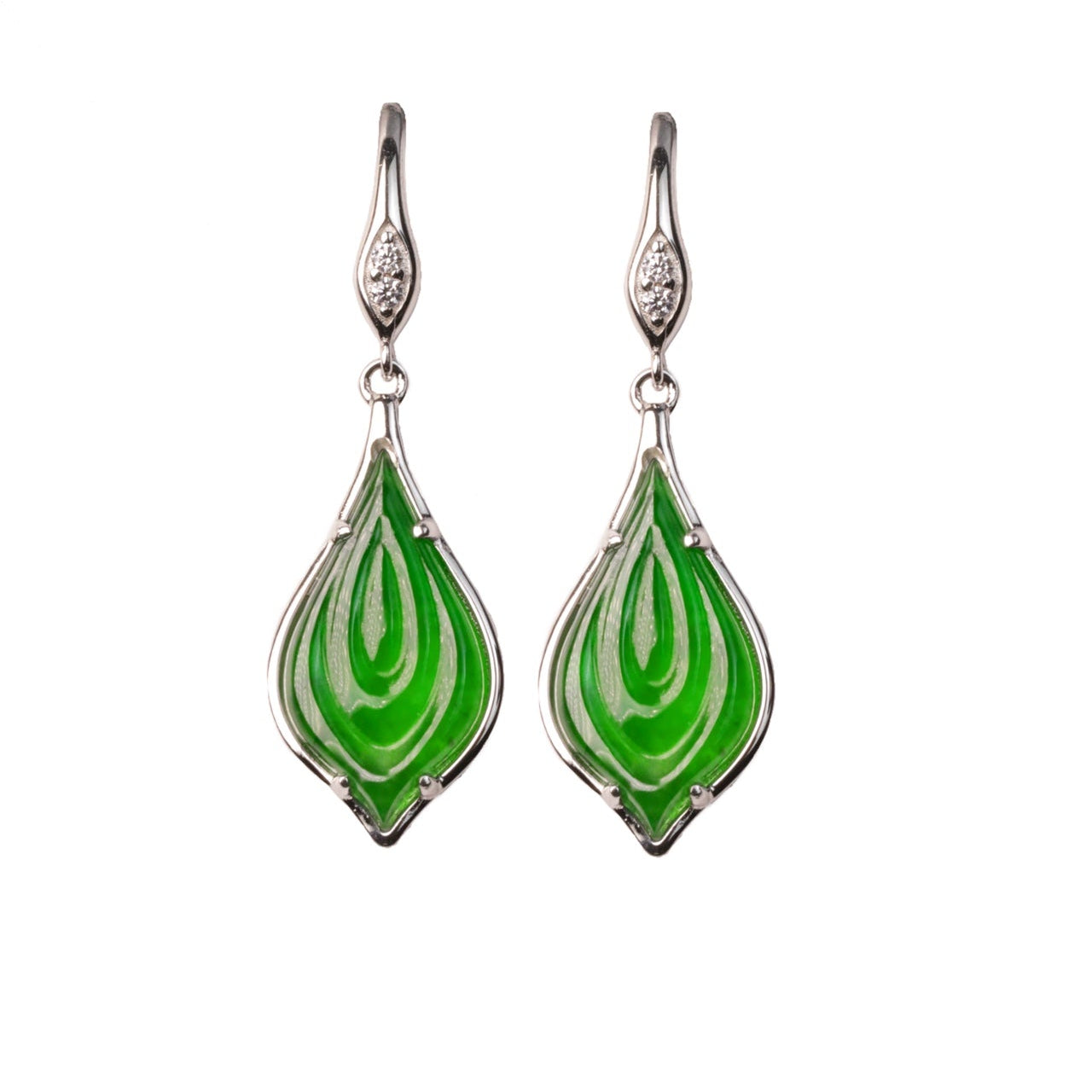 925 Silver Jadeite Stud Earrings ("Supreme Goodness is Like Water" Design) – Overall Dimensions: 30mm x 9.5mm x 3.5mm