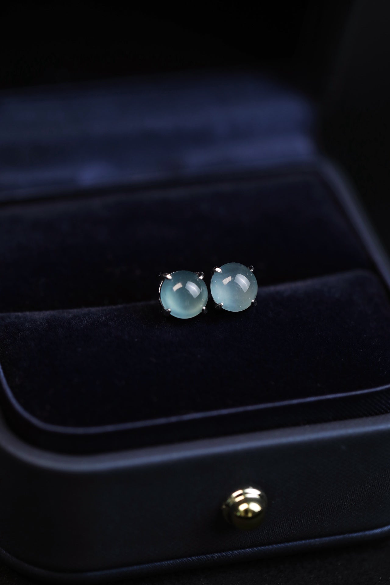 925 Silver Stud Earrings with Oval Blue-Water Jadeite Cabochons (Overall Dimensions: 6mm x 6mm x 5mm)