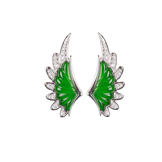 925 Silver "Victorian Wings" Jadeite Stud Earrings (Overall dimensions: 29.3mm x 13mm x 3.3mm)