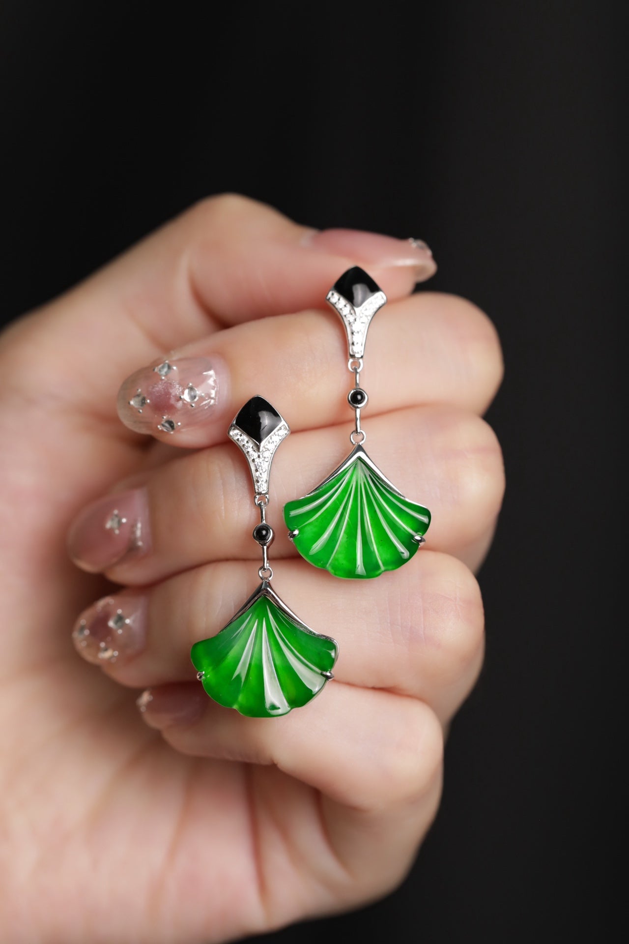 925 Silver "Ginkgo Rhyme" Jadeite Stud Earrings (Overall dimensions: 34mm x 16.1mm x 3.4mm)