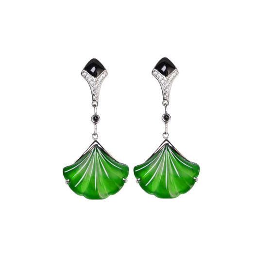925 Silver "Ginkgo Rhyme" Jadeite Stud Earrings (Overall dimensions: 34mm x 16.1mm x 3.4mm)