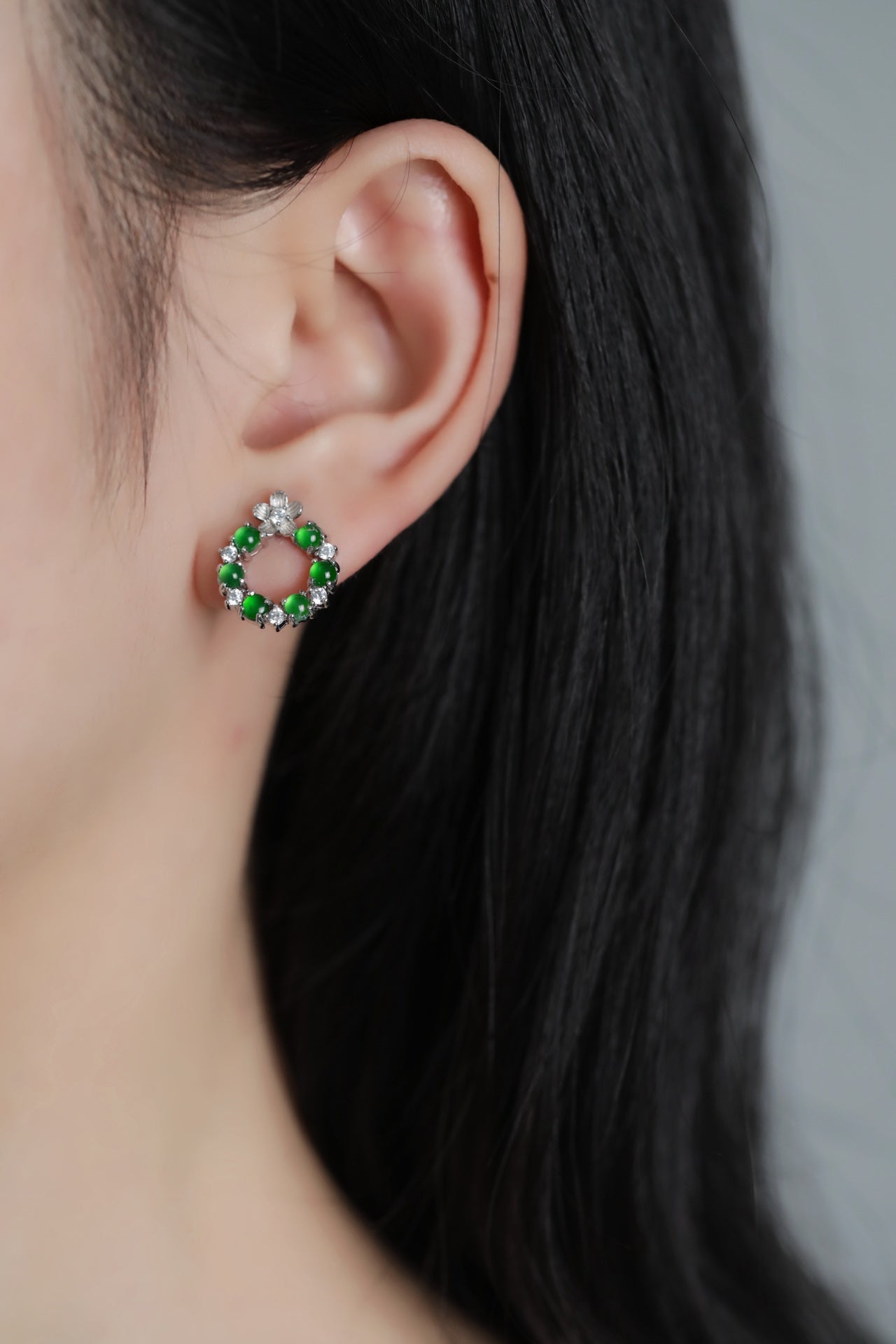 925 Silver Hoop-Style Jadeite Earrings; overall dimensions: 15.5mm x 13.3mm x 2.7mm.