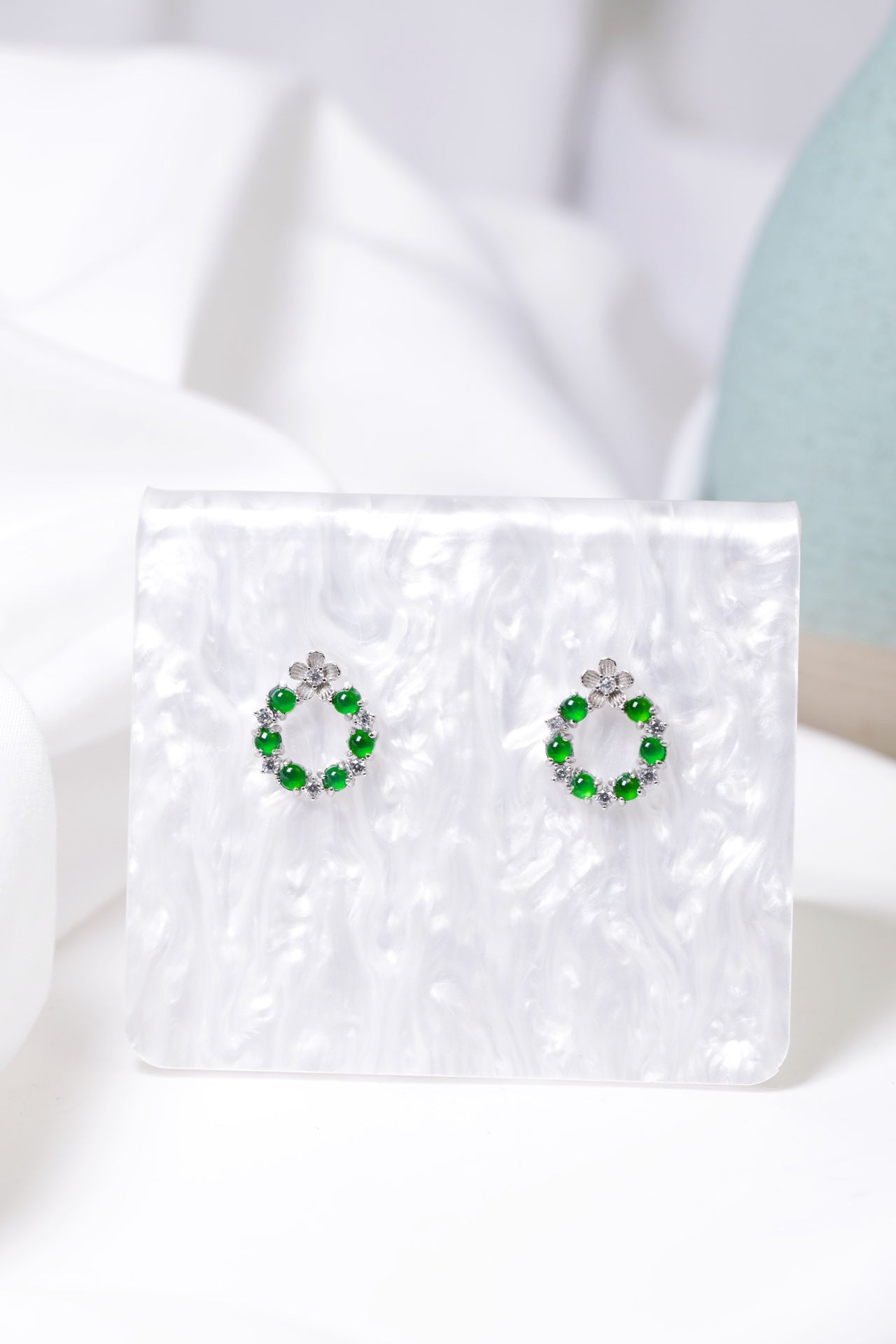 925 Silver Hoop-Style Jadeite Earrings; overall dimensions: 15.5mm x 13.3mm x 2.7mm.