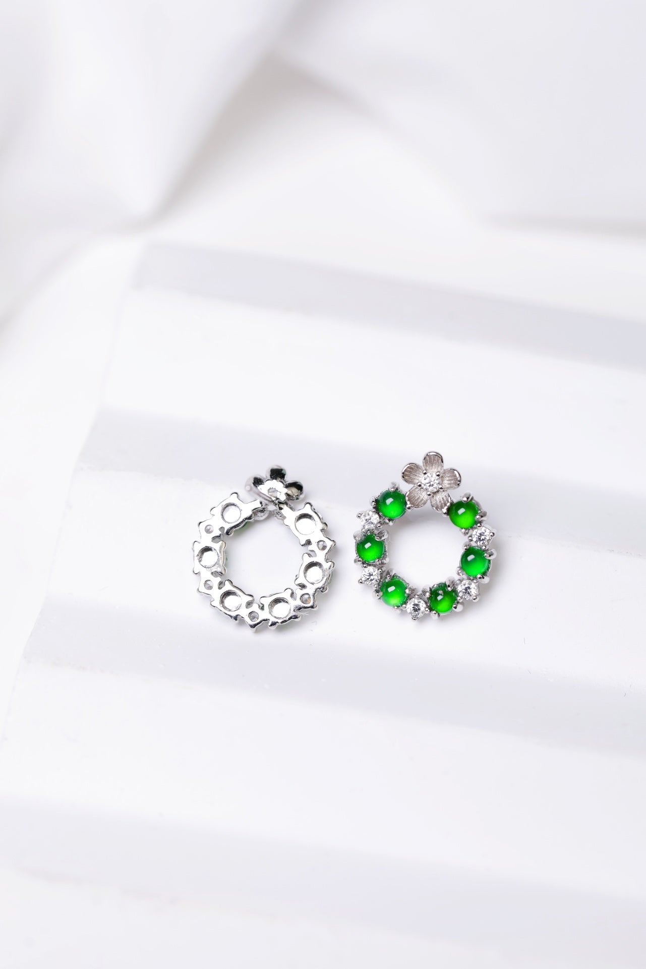 925 Silver Hoop-Style Jadeite Earrings; overall dimensions: 15.5mm x 13.3mm x 2.7mm.