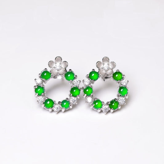925 Silver Hoop-Style Jadeite Earrings; overall dimensions: 15.5mm x 13.3mm x 2.7mm.