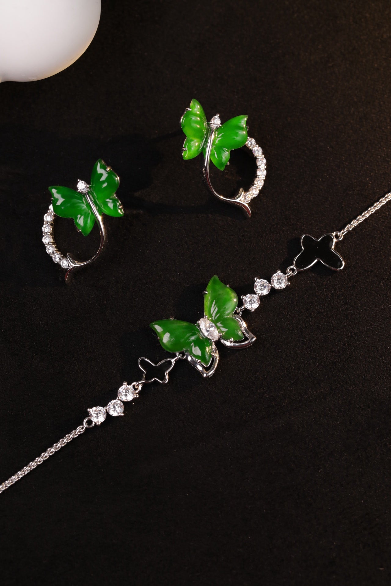 925 silver and jade butterfly stud earrings; overall dimensions: 21mm x 18mm x 8.5mm.
