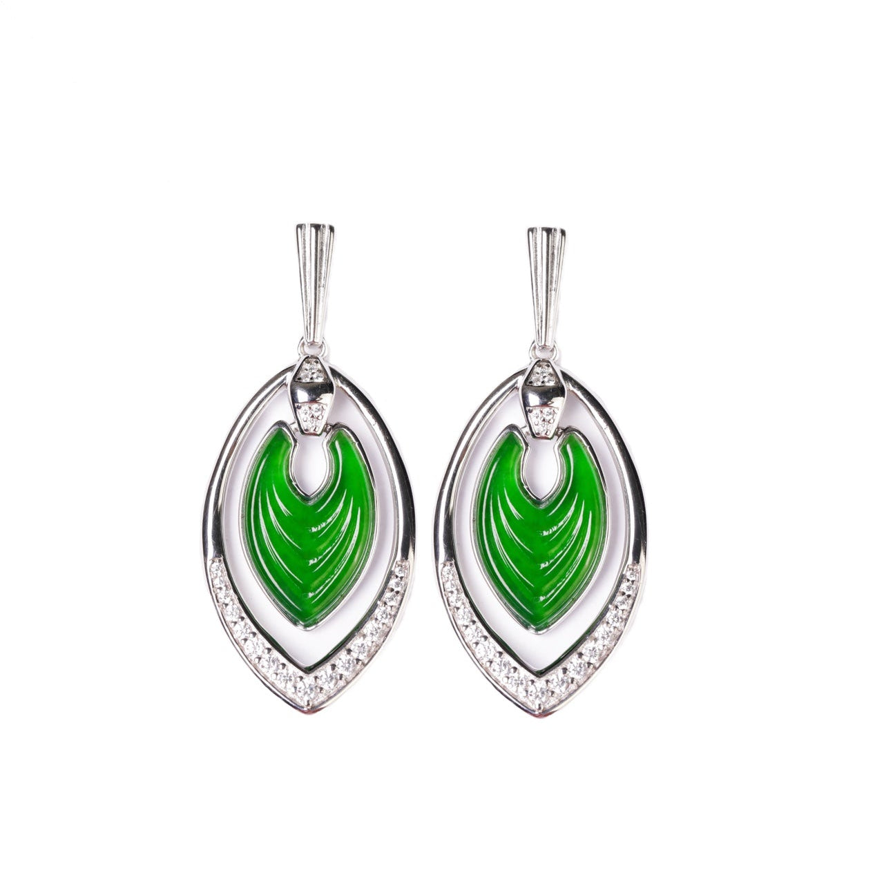 925 Silver "Jiguang" Phoenix Feather Jadeite Stud Earrings (Overall dimensions: 38mm x 16.8mm x 3.8mm)
