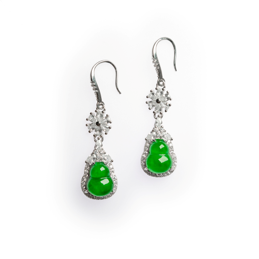 925 Silver Gourd Jadeite Earrings (Overall dimensions: 39mm x 10.5mm x 6mm)