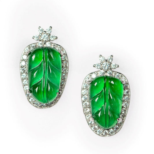 925 Silver and Jadeite Leaf Stud Earrings (Overall Dimensions: 15.3mm x 9mm x 3mm)