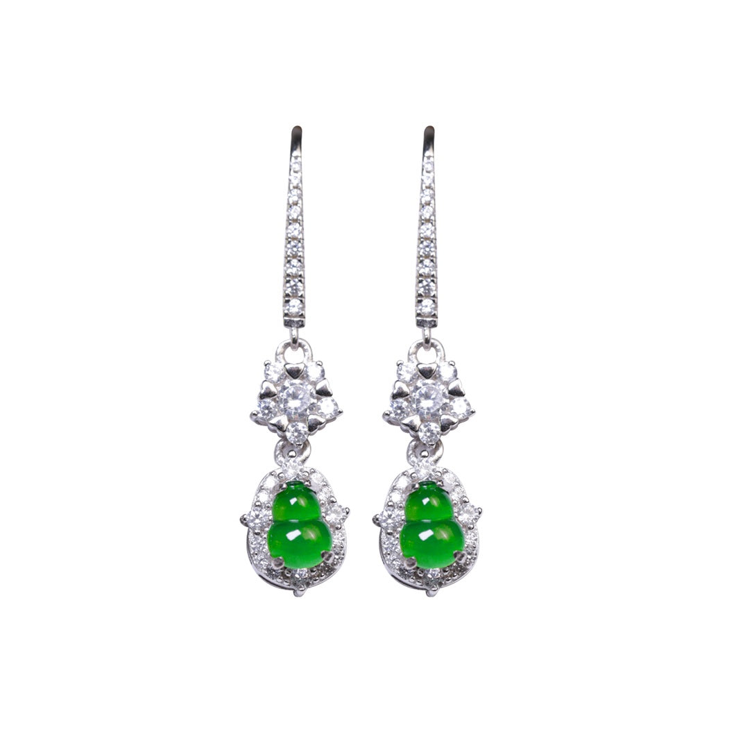 925 Silver Gourd Jadeite Earrings (Overall dimensions: 16.5mm x 7.5mm x 5mm)