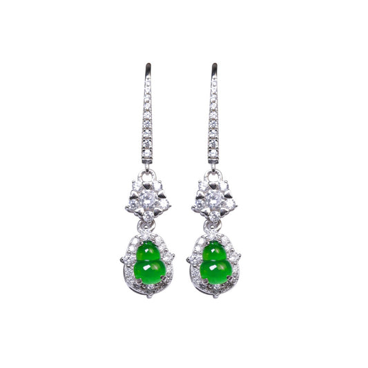925 Silver Gourd Jadeite Earrings (Overall dimensions: 16.5mm x 7.5mm x 5mm)