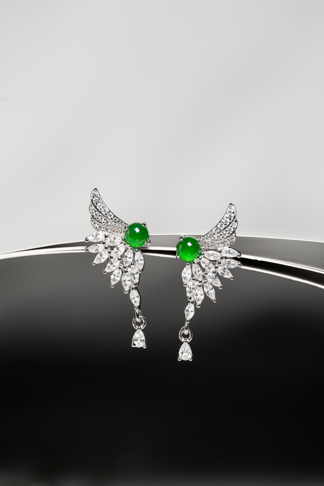 925 Silver Jadeite Ear Studs (Oval Cabochon with Wing Design) – Overall Dimensions: 28mm x 11mm x 4mm
