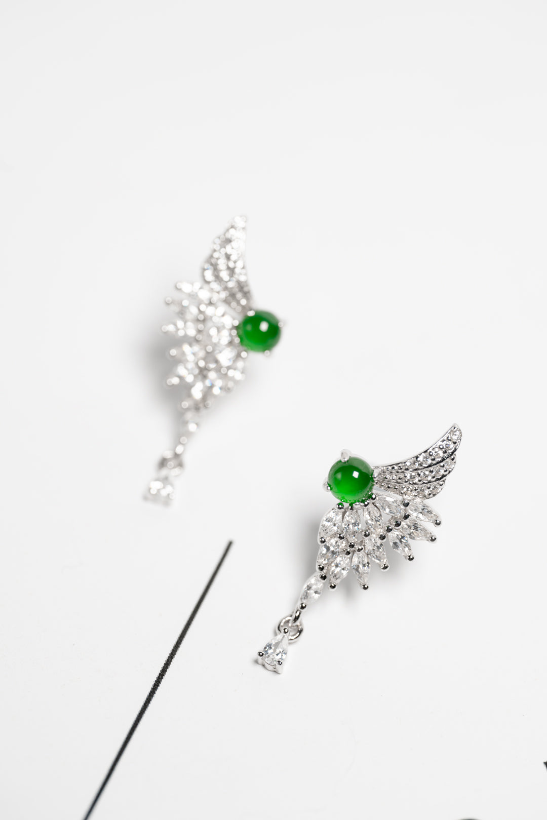 925 Silver Jadeite Ear Studs (Oval Cabochon with Wing Design) – Overall Dimensions: 28mm x 11mm x 4mm
