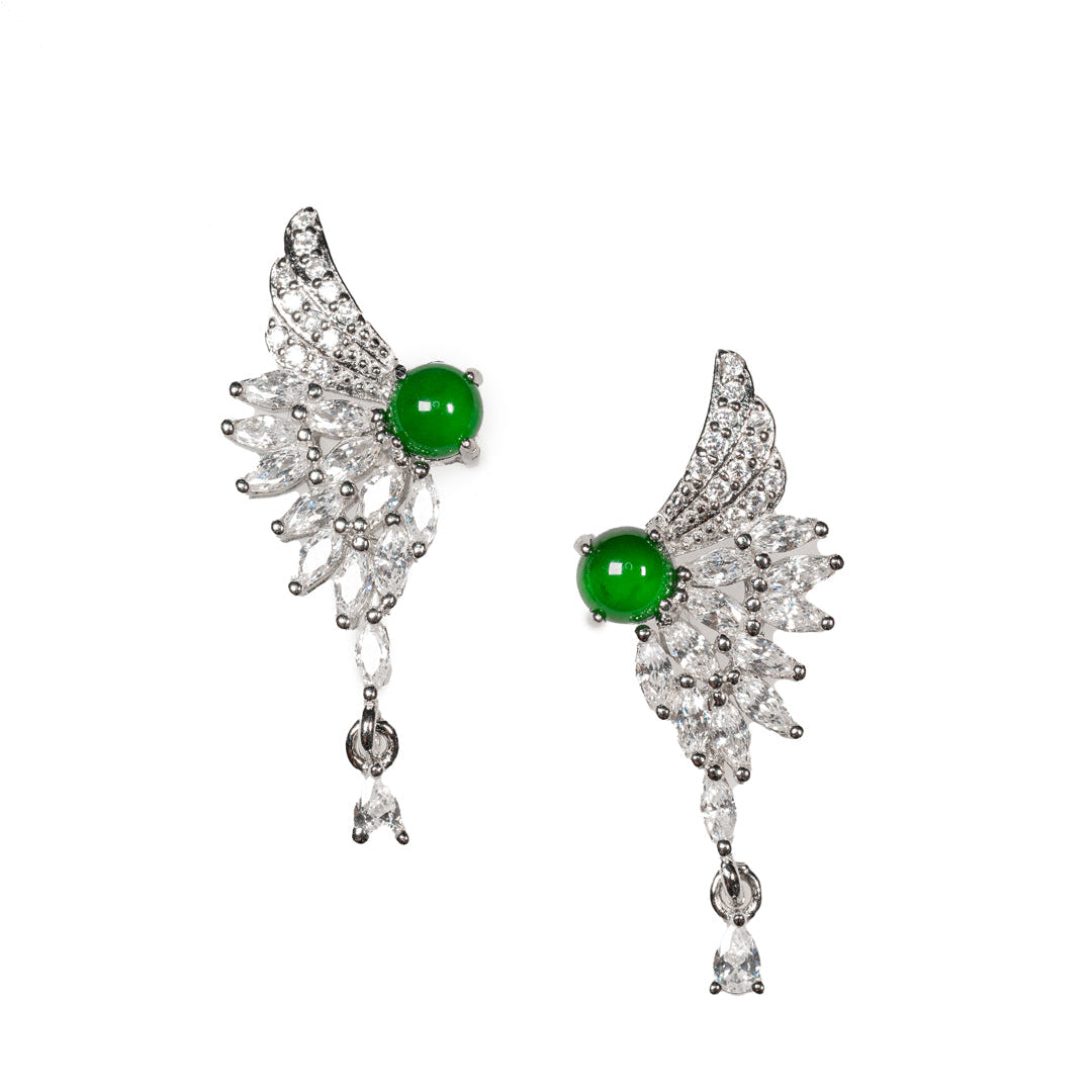 925 Silver Jadeite Ear Studs (Oval Cabochon with Wing Design) – Overall Dimensions: 28mm x 11mm x 4mm