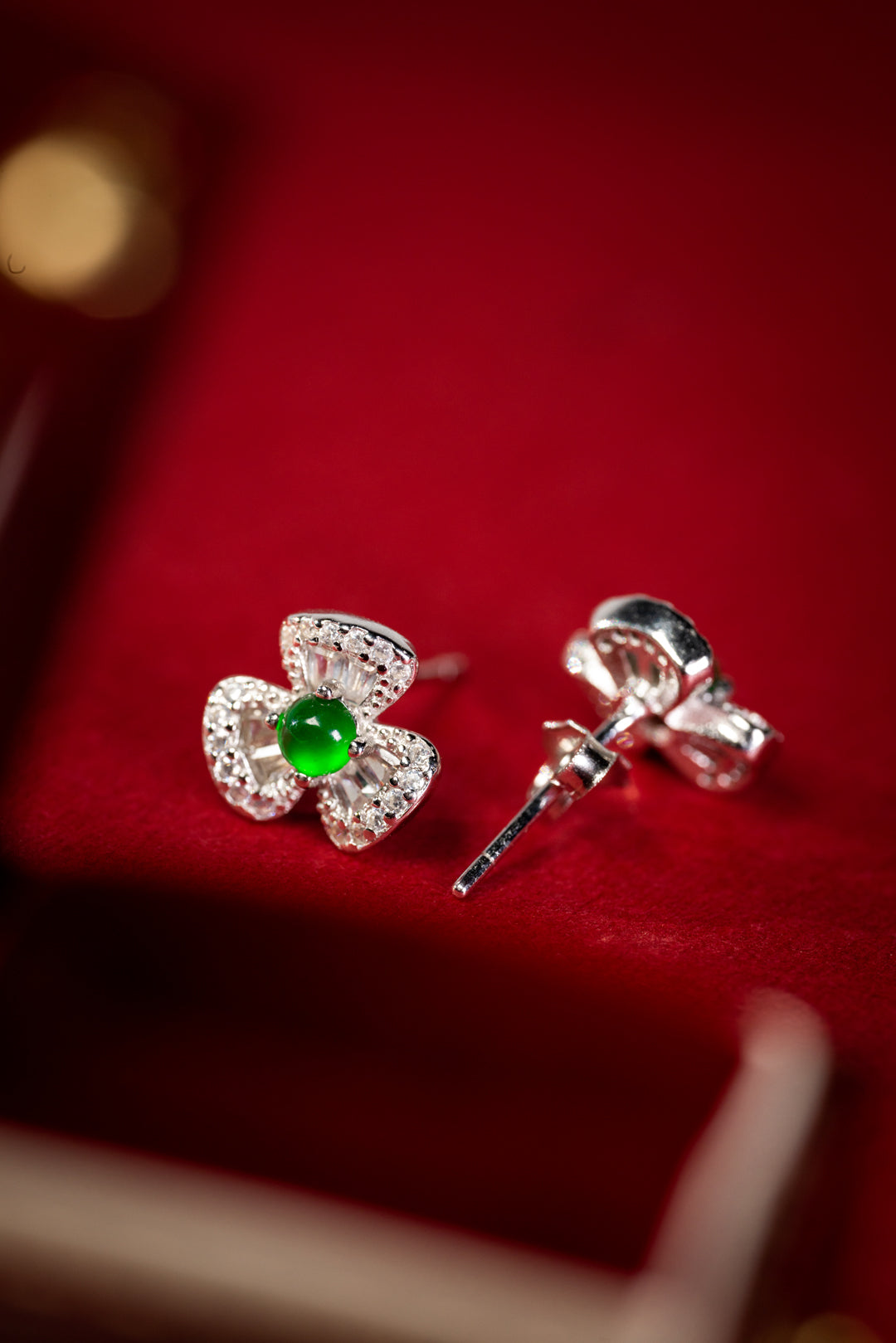 925 Silver Floral Jadeite Stud Earrings with Oval Cabochons (Overall Dimensions: 8.6mm x 8.6mm x 3.6mm)