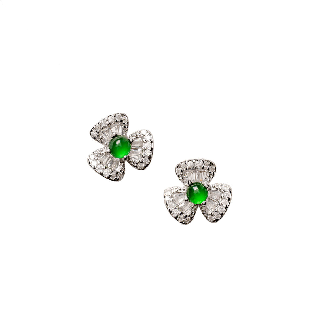 925 Silver Floral Jadeite Stud Earrings with Oval Cabochons (Overall Dimensions: 8.6mm x 8.6mm x 3.6mm)