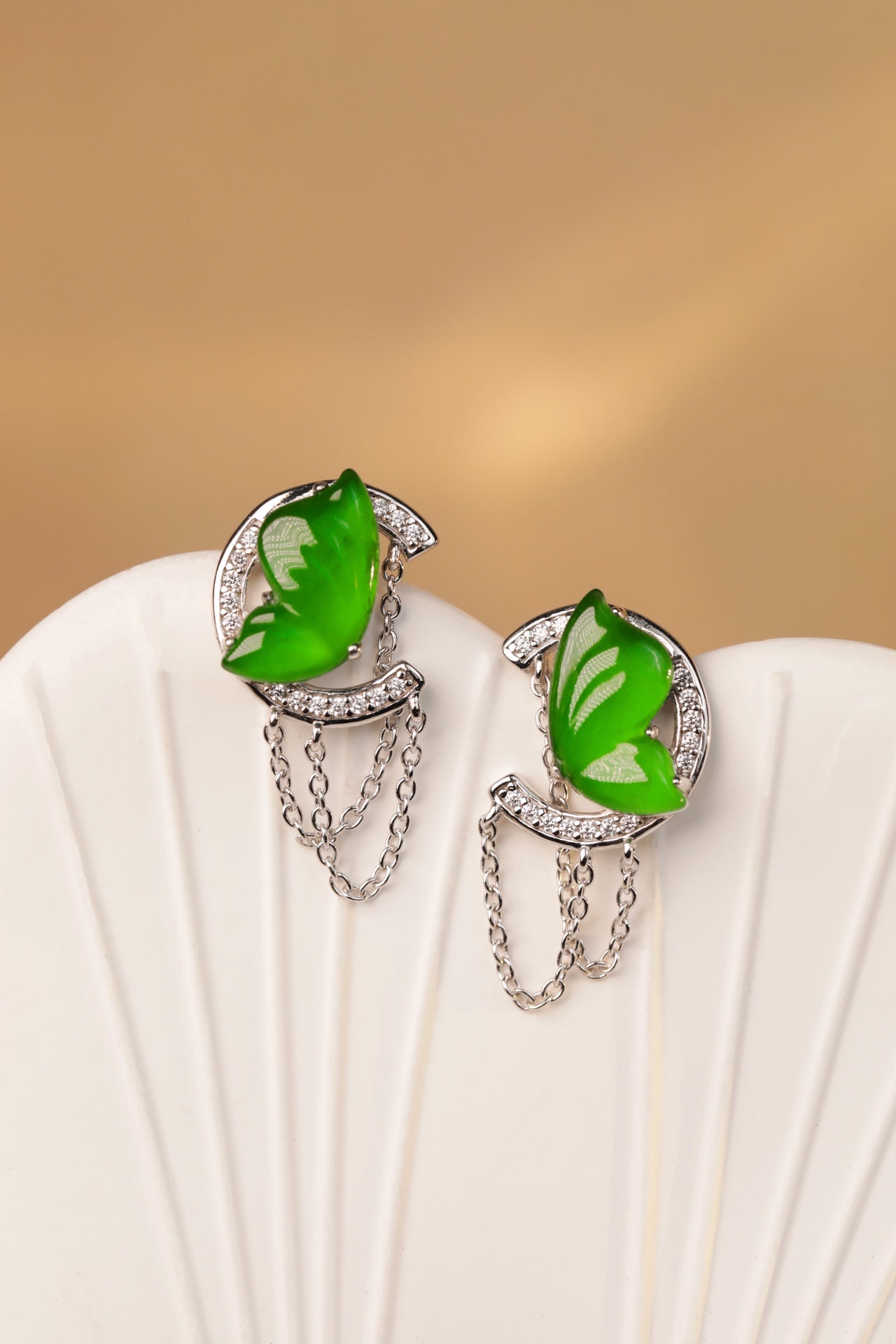 925 Silver "Fluttering Butterfly" Jadeite Stud Earrings; overall dimensions: 23mm x 12.2mm x 4mm.