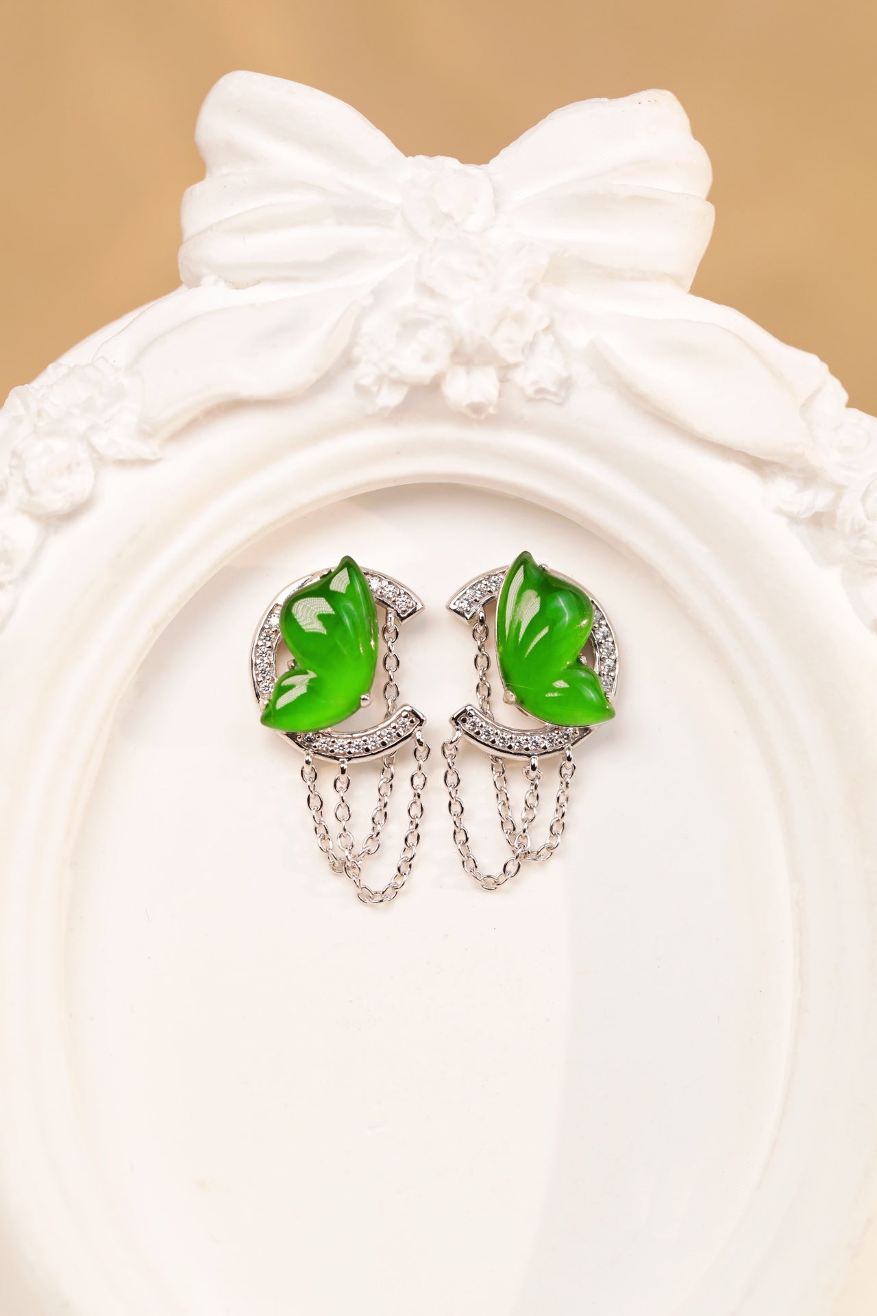 925 Silver "Fluttering Butterfly" Jadeite Stud Earrings; overall dimensions: 23mm x 12.2mm x 4mm.