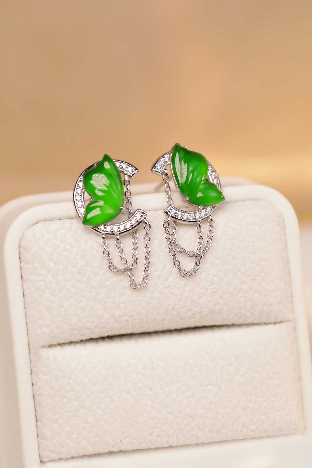 925 Silver "Fluttering Butterfly" Jadeite Stud Earrings; overall dimensions: 23mm x 12.2mm x 4mm.