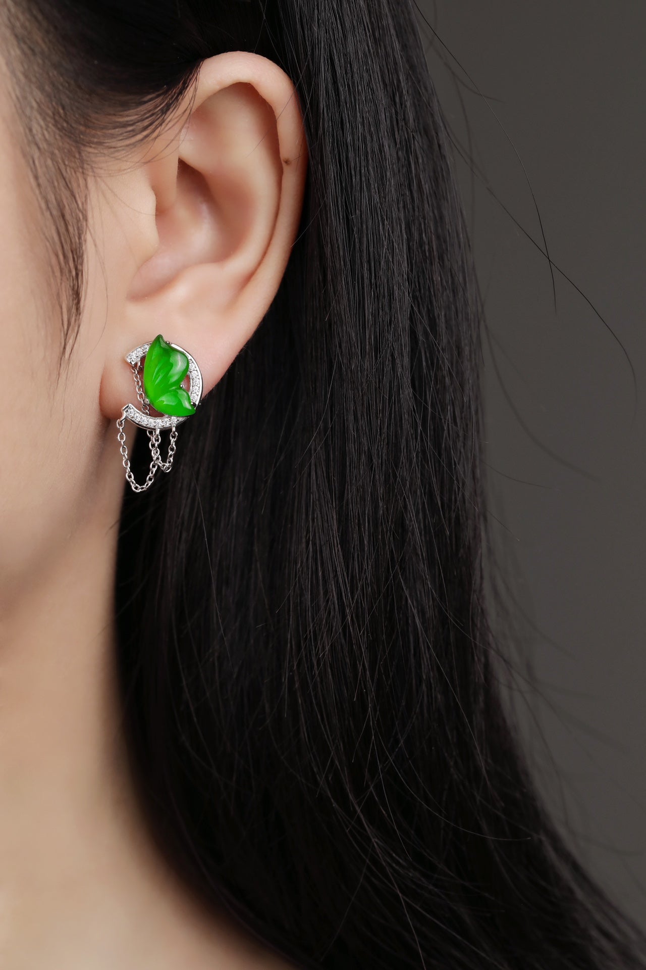 925 Silver "Fluttering Butterfly" Jadeite Stud Earrings; overall dimensions: 23mm x 12.2mm x 4mm.