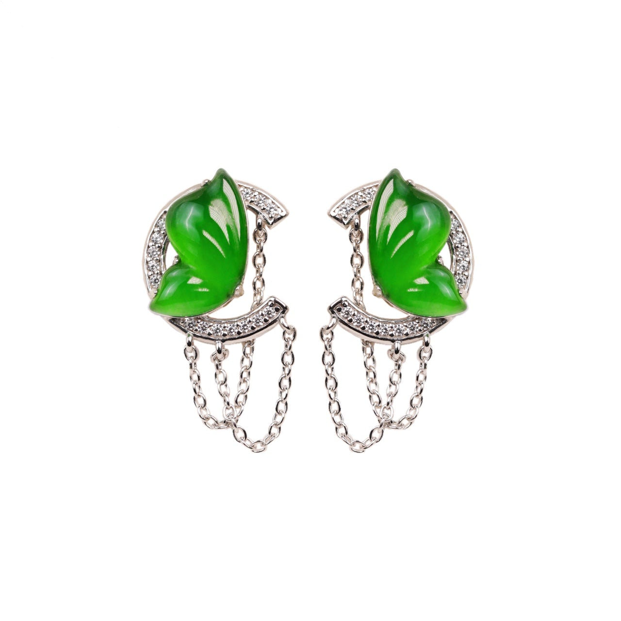 925 Silver "Fluttering Butterfly" Jadeite Stud Earrings; overall dimensions: 23mm x 12.2mm x 4mm.