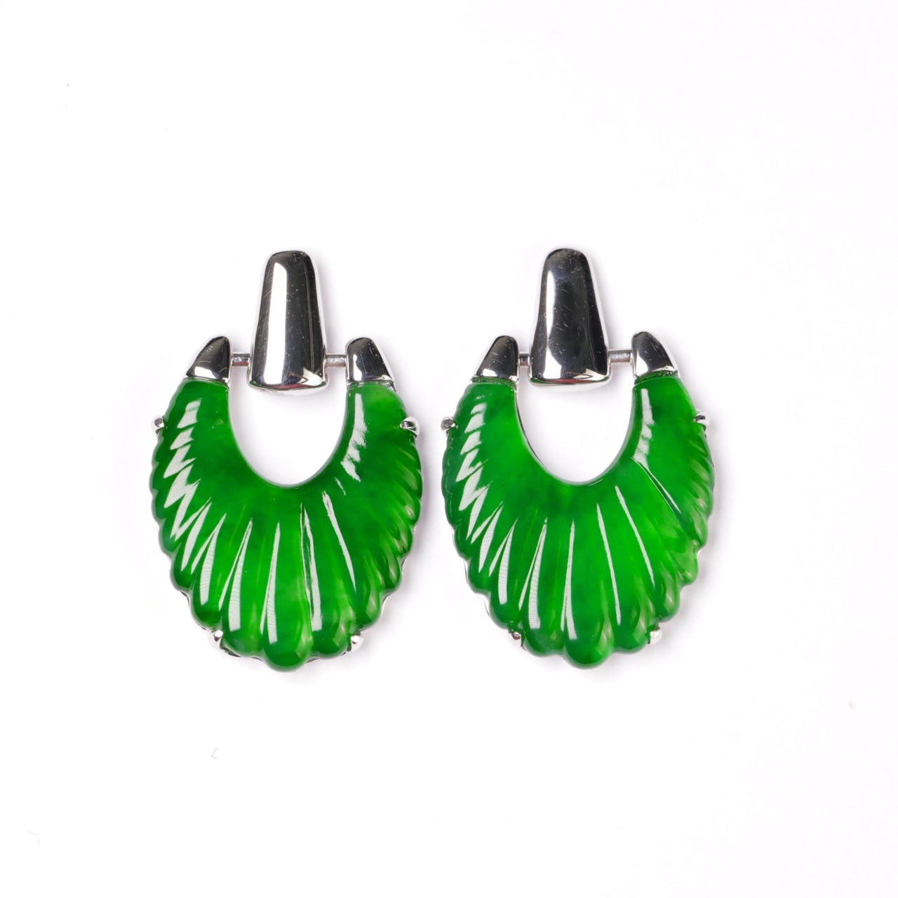 925 Silver "Feathered Garment" Jadeite Stud Earrings (Overall dimensions: 23.5mm x 15mm x 3mm)