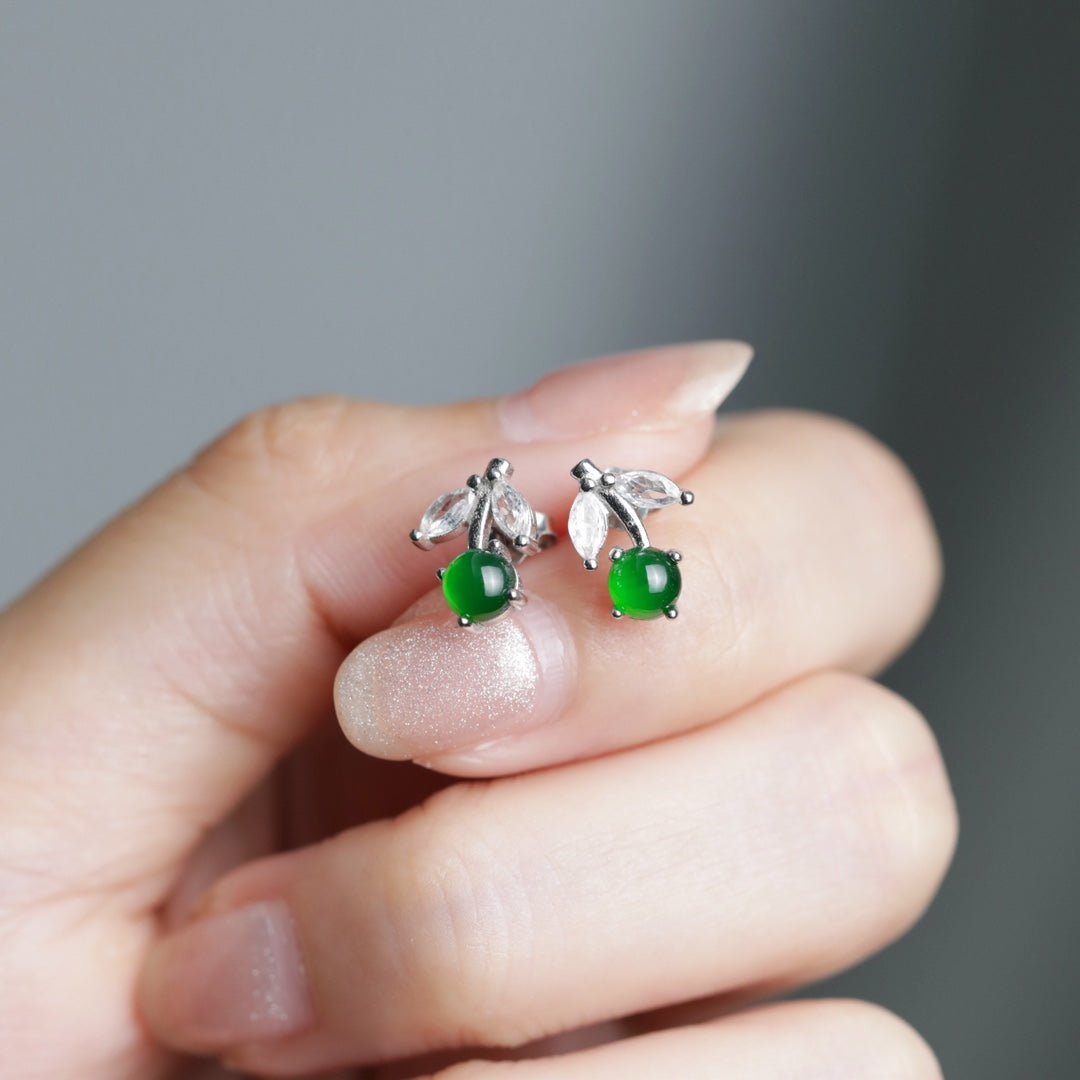 925 Silver Cherry Jadeite Stud Earrings (Overall Dimensions: 10.3mm x 7.2mm x 3mm)