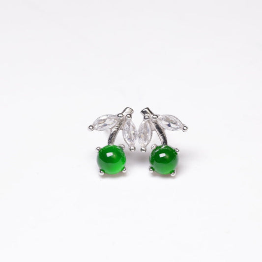 925 Silver Cherry Jadeite Stud Earrings (Overall Dimensions: 10.3mm x 7.2mm x 3mm)