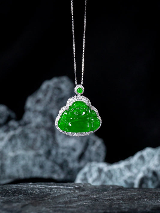 Exquisite Verdance Laughing Buddha necklace pendant; overall dimensions: 22.6mm x 25mm x 6.1mm.