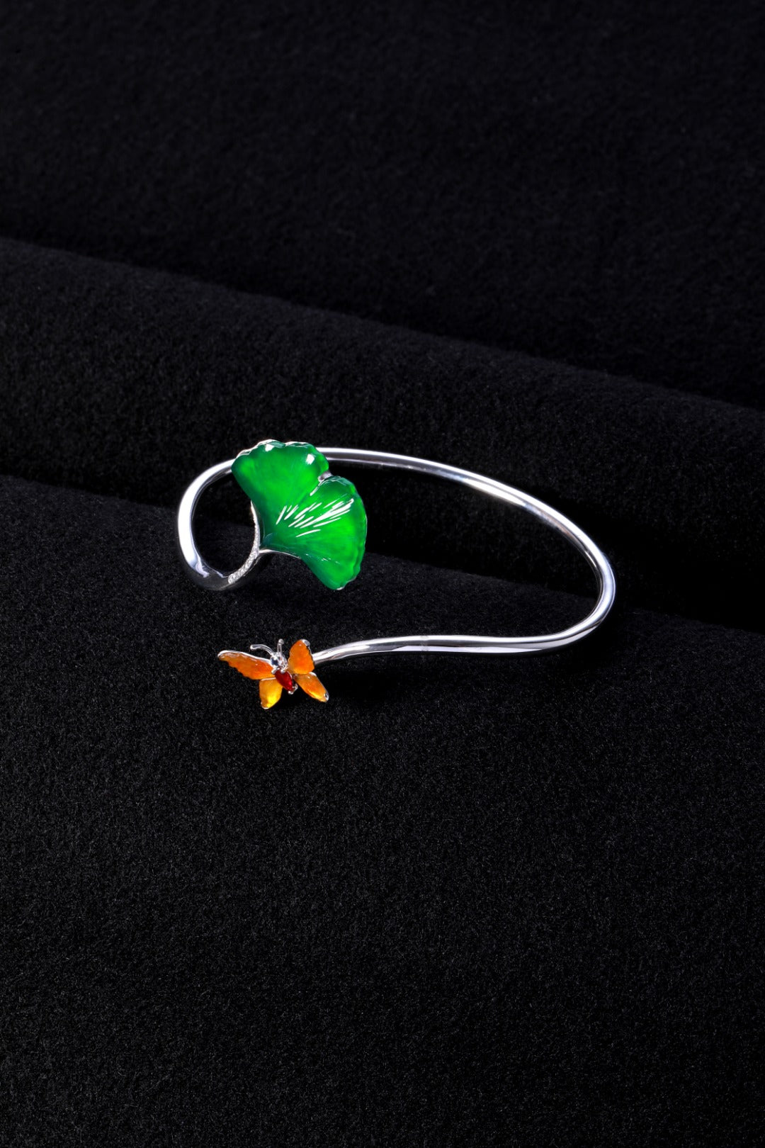 "Three Lifetimes luck of Apricots"" Jade Bangle with Apricot Leaf Motif