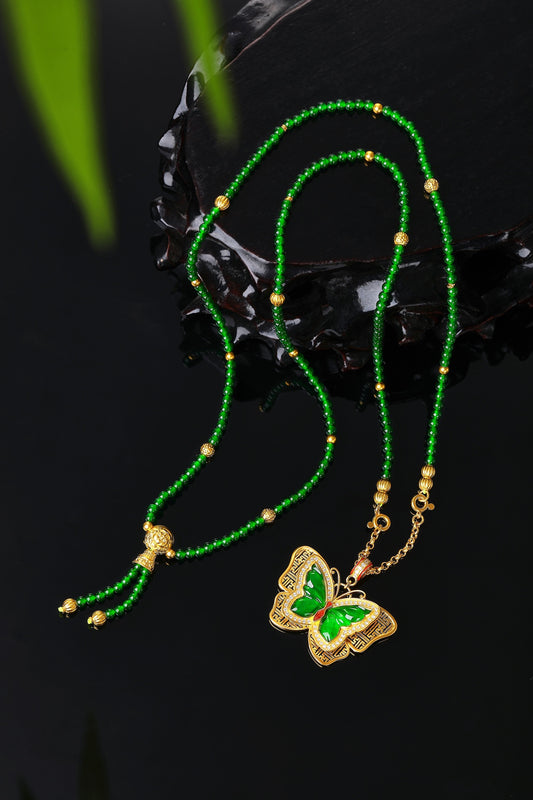 "Quintessence of the East" Pure Gold Butterfly and Jade Bead Necklace (Net Gold Weight: 17.1g)