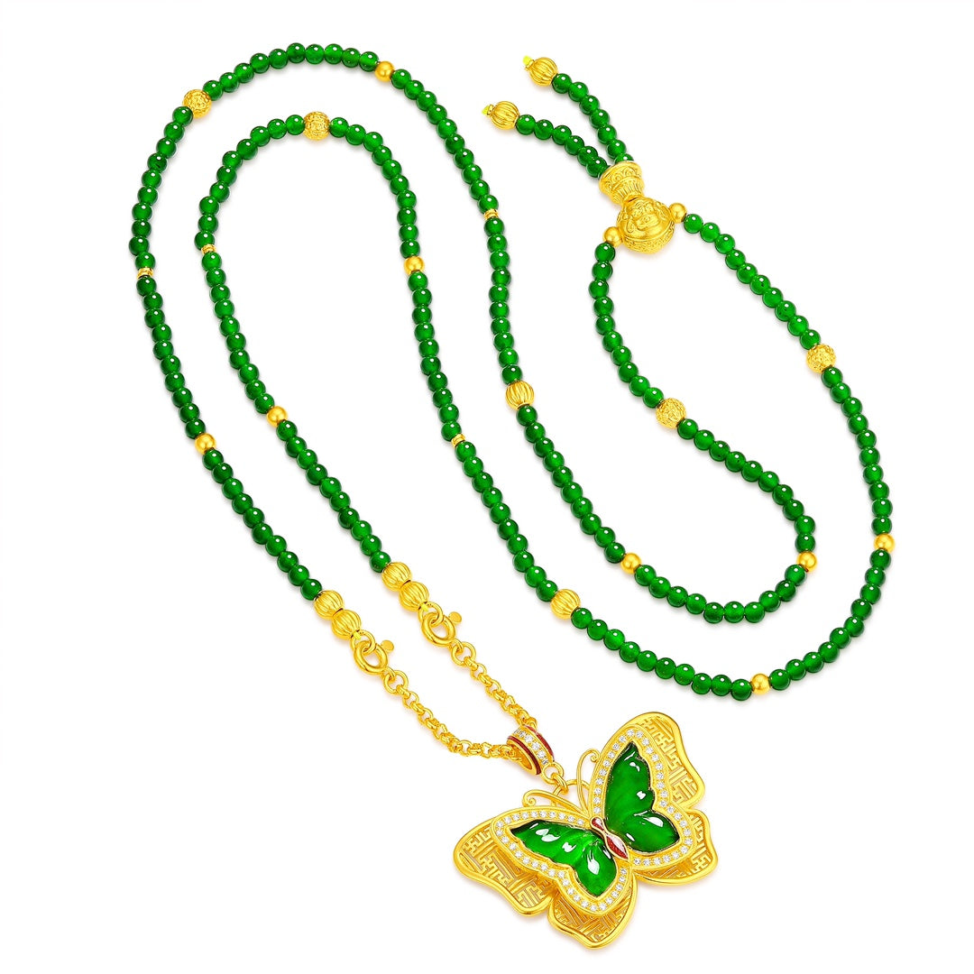 "Quintessence of the East" Pure Gold Butterfly and Jade Bead Necklace (Net Gold Weight: 17.1g)