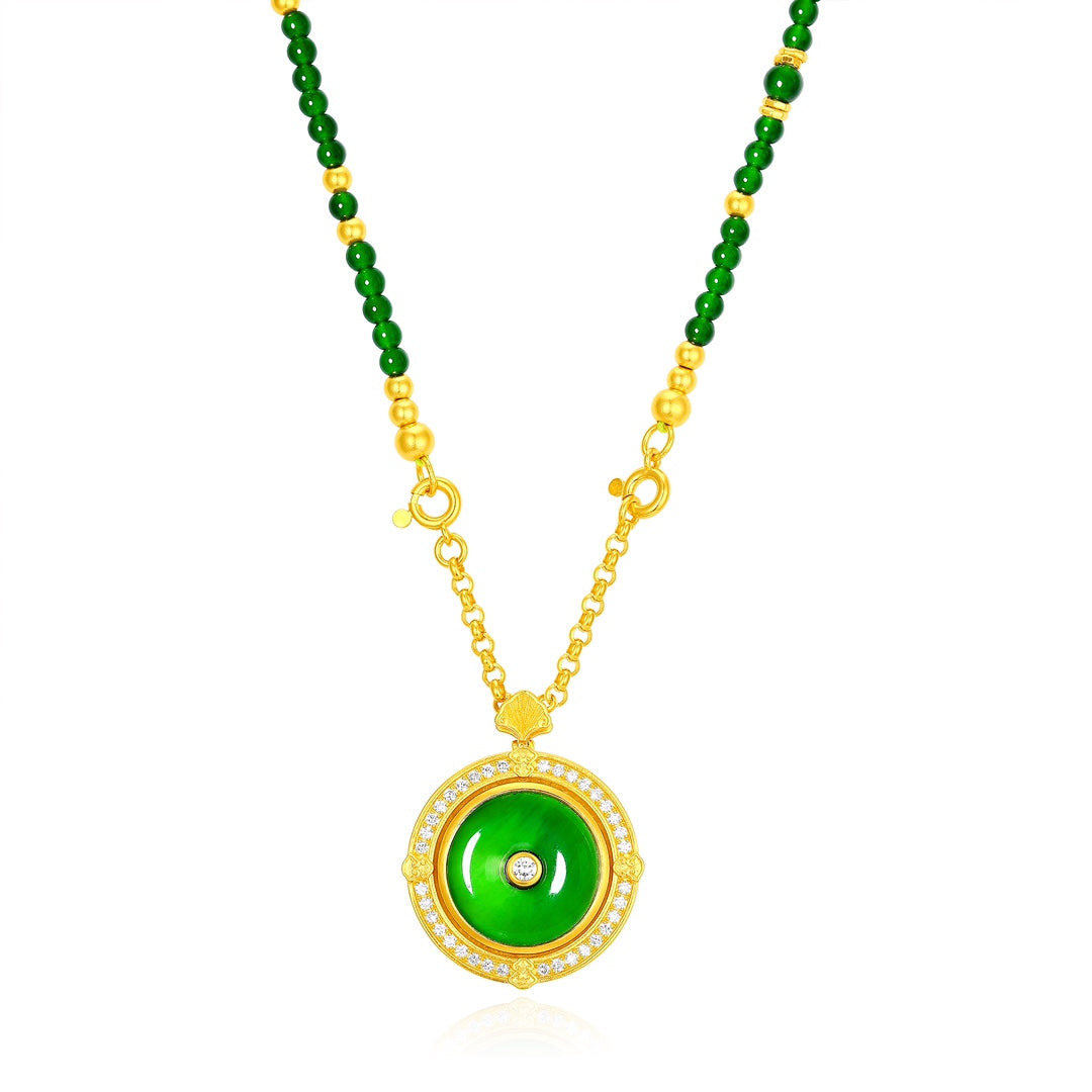 Pure Gold "Peace Buckle" and Jade Bead Necklace (Net Gold Weight: 17.464g)