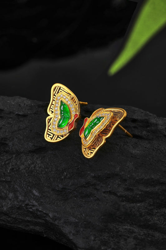 Quintessence of the East Pure Gold and Jade Butterfly Stud Earrings (Net gold weight: 5.424g)