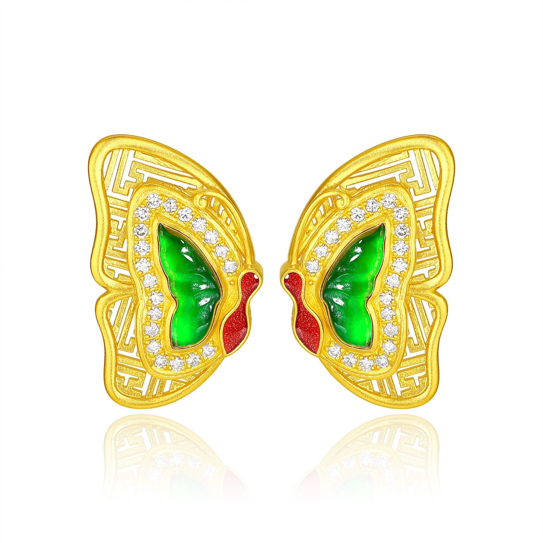 Quintessence of the East Pure Gold and Jade Butterfly Stud Earrings (Net gold weight: 5.424g)