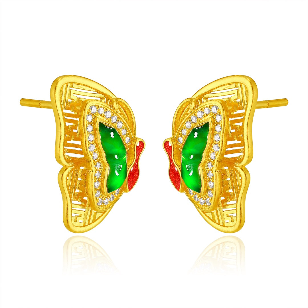 Quintessence of the East Pure Gold and Jade Butterfly Stud Earrings (Net gold weight: 5.424g)