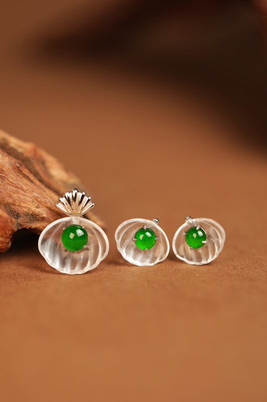 925 Silver Mother-of-Pearl and Jadeite Pendant and Stud Earring Set