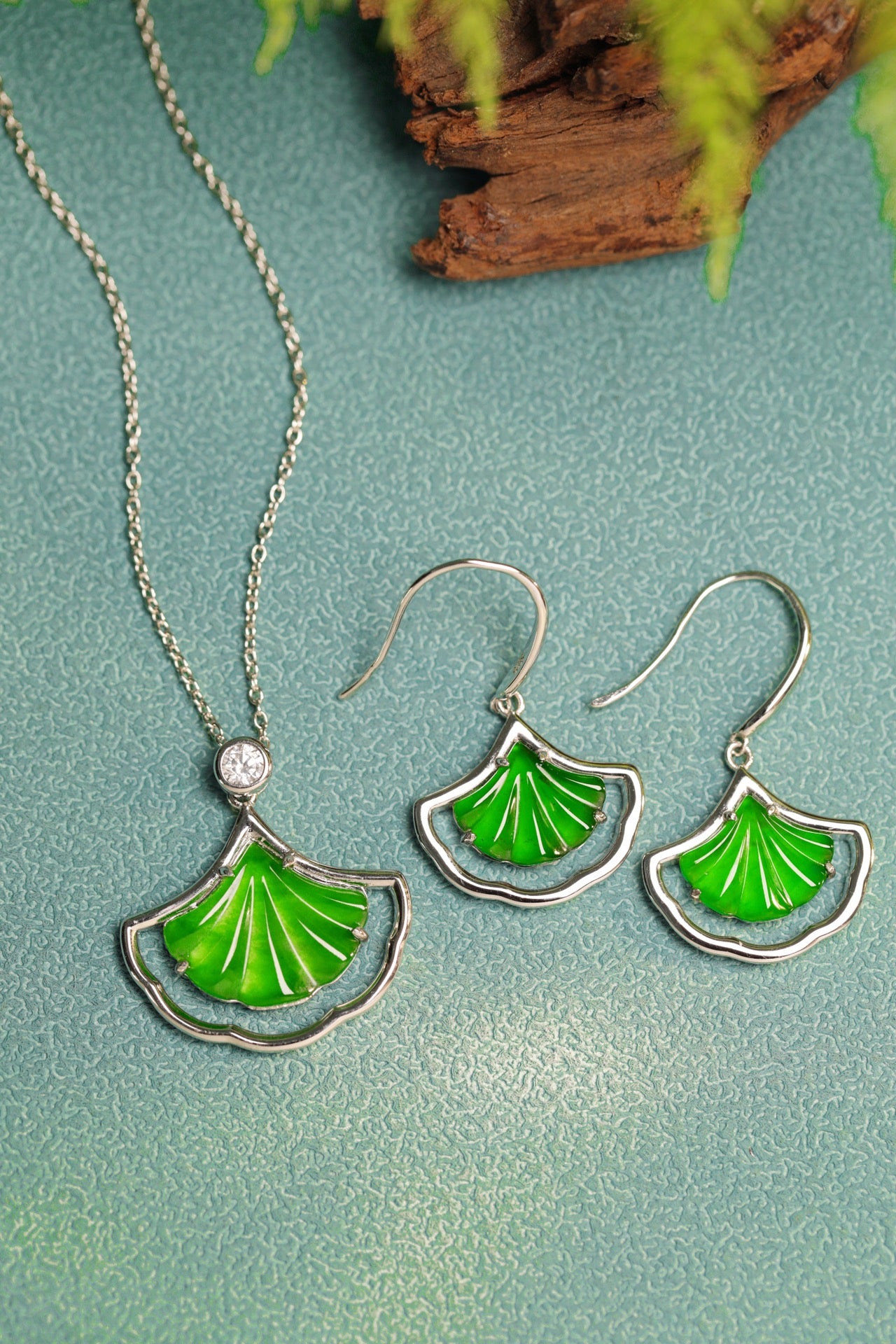 925 Silver Ginkgo Leaf Jade Necklace and Earring Set