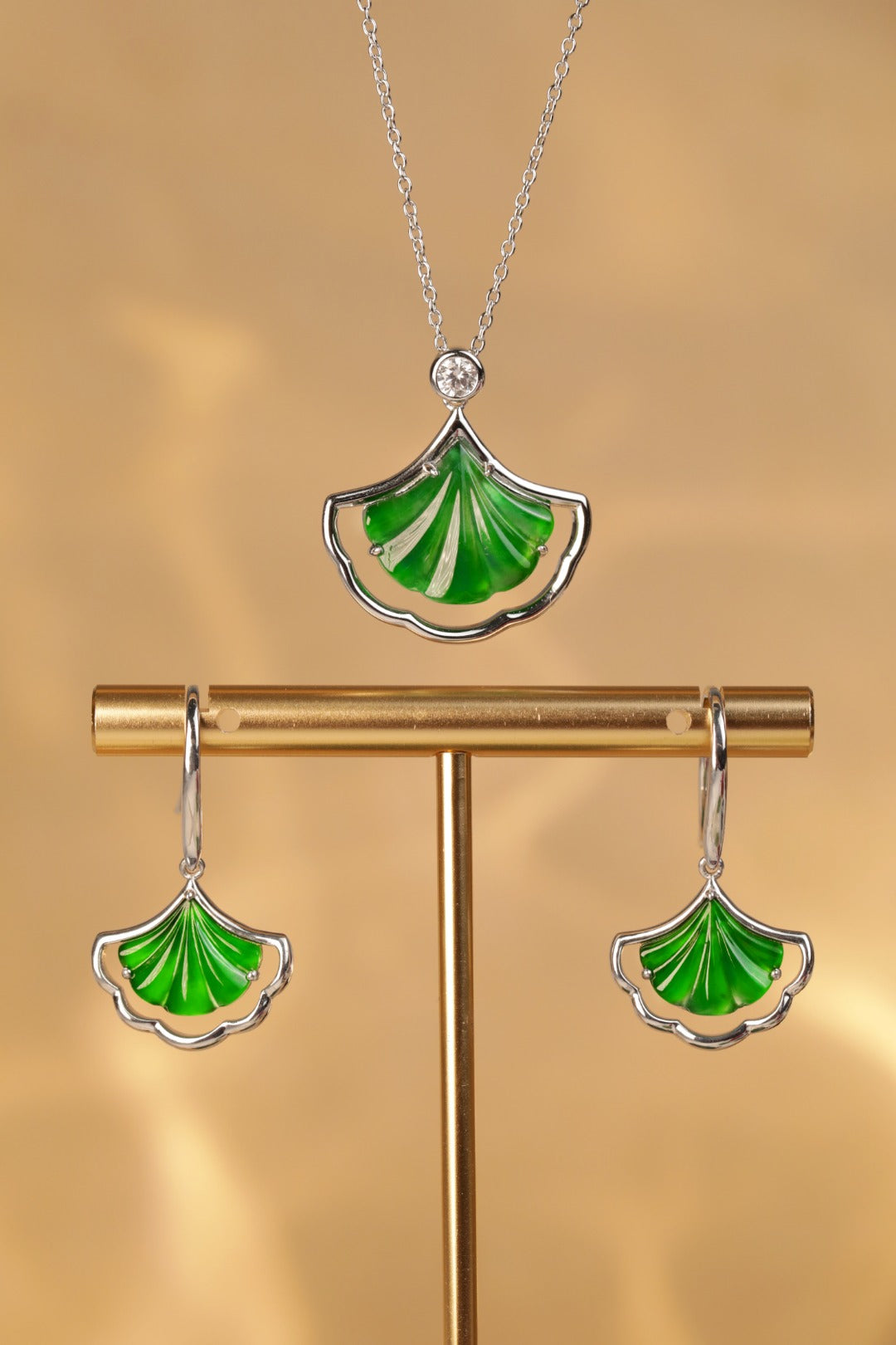 925 Silver Ginkgo Leaf Jade Necklace and Earring Set